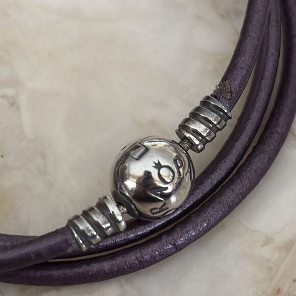 Pandora Smooth Triple Wrap Purple Leather & Sterling Silver Bracelet - 24” Rare - Picture 5 of 8